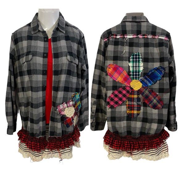 Unbranded Tops - Flannel Shirt Women XL Shacket Flower Grunge Camp Rock Country Festival Upcycled
